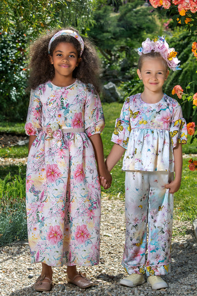 Shiny organza floral long dress with flowers belt