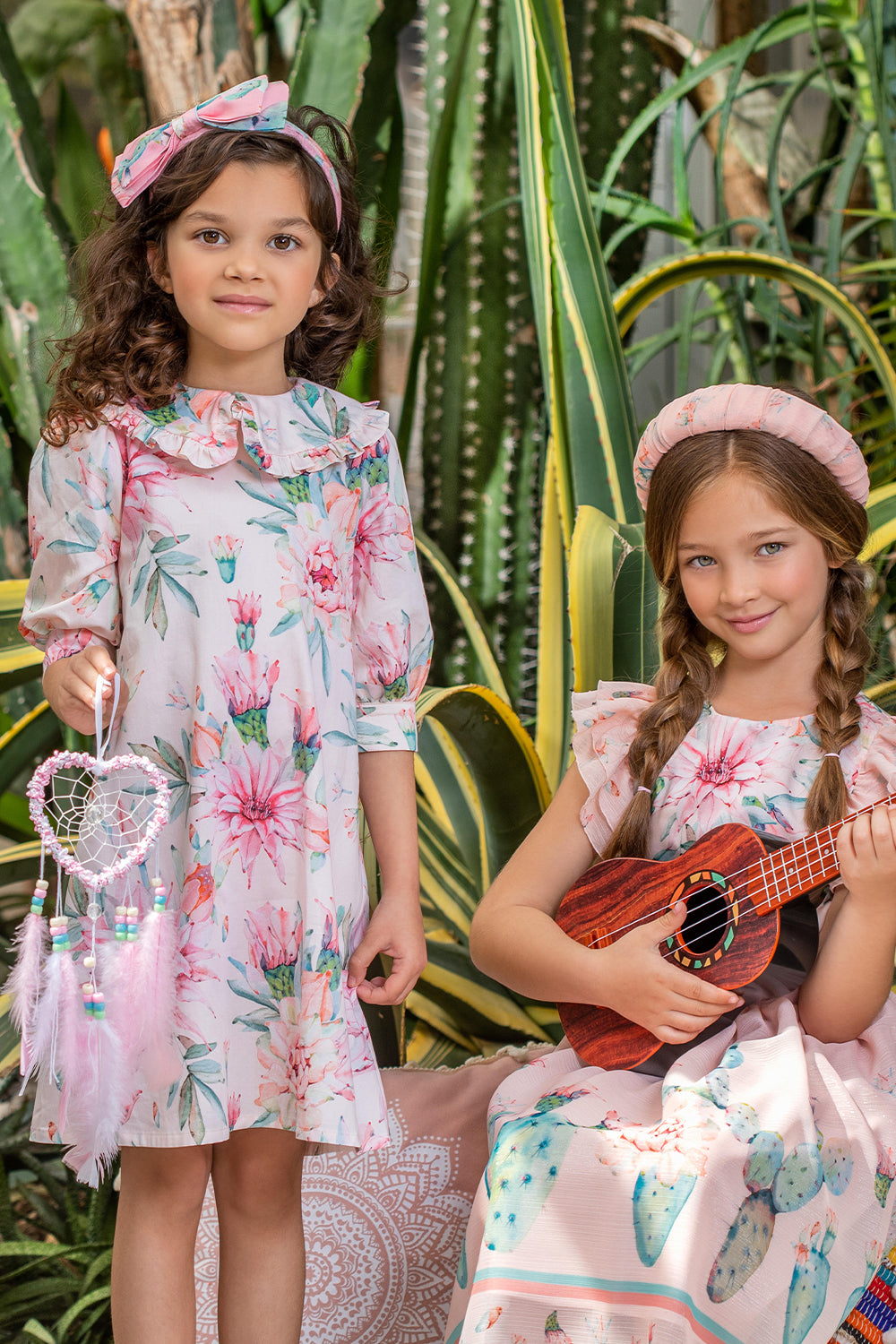 Light pink cactuses and flowers cotton dress