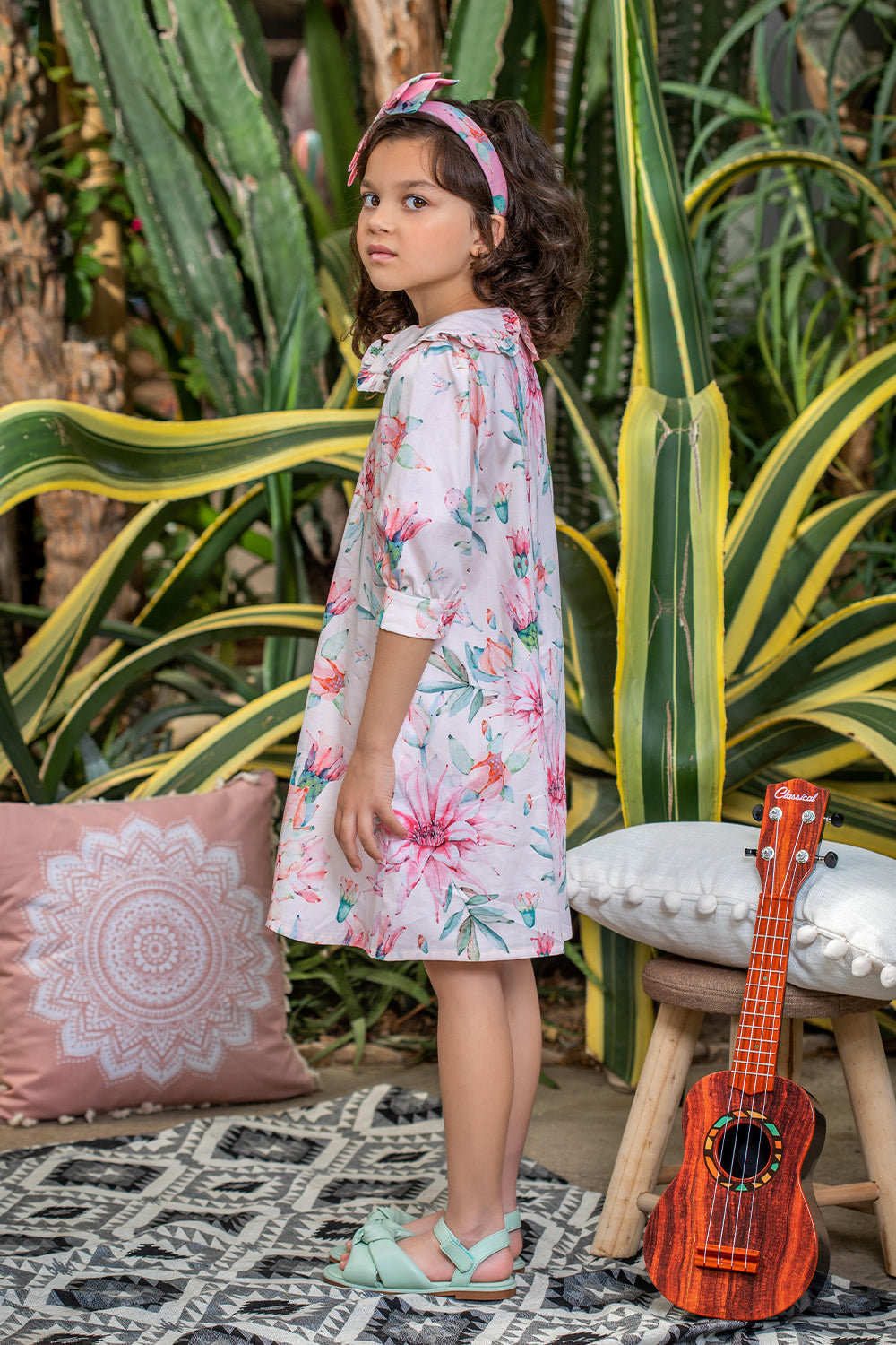 Light pink cactuses and flowers cotton dress