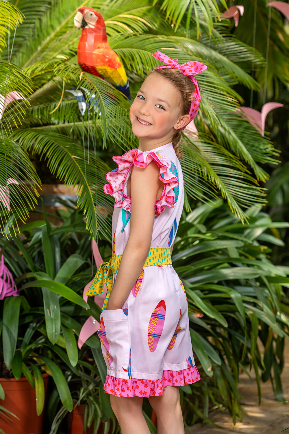 Light pink cotton surf short jumpsuit with frills