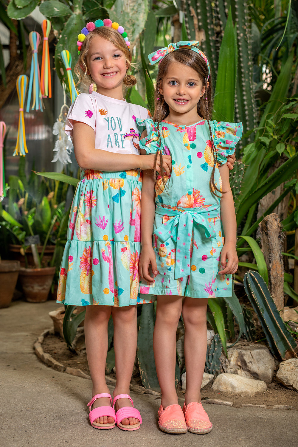 Mint cotton skirt with yellow and pink cactuses