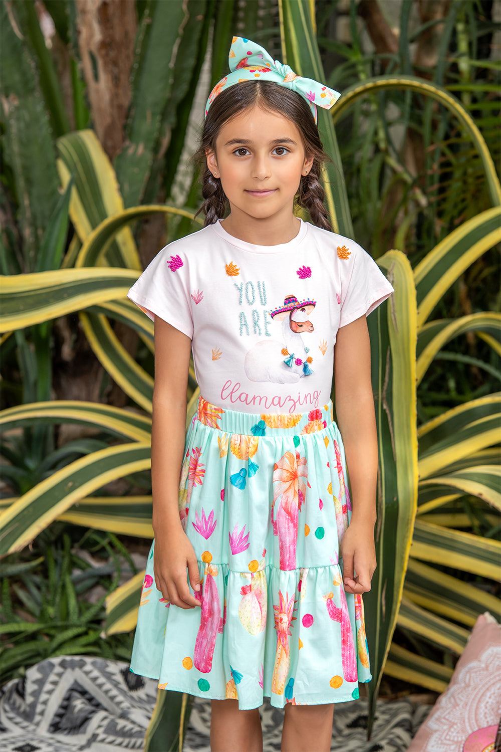 Mint cotton skirt with yellow and pink cactuses