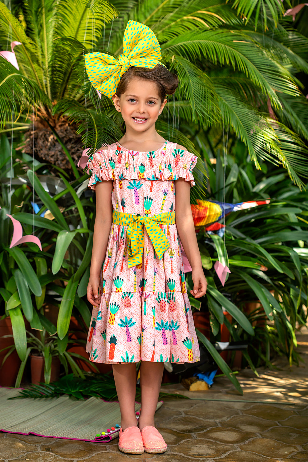 Cotton palms dress with shoulder  frill and contrast belt