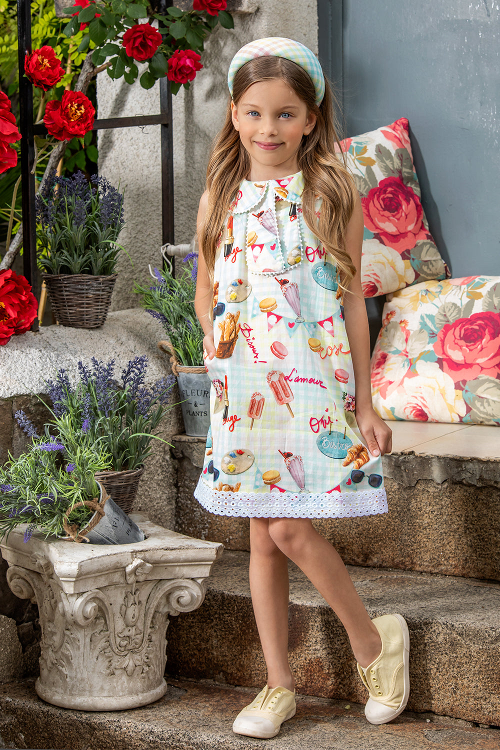 French symbols check cotton A-line dress with collar and side pockets