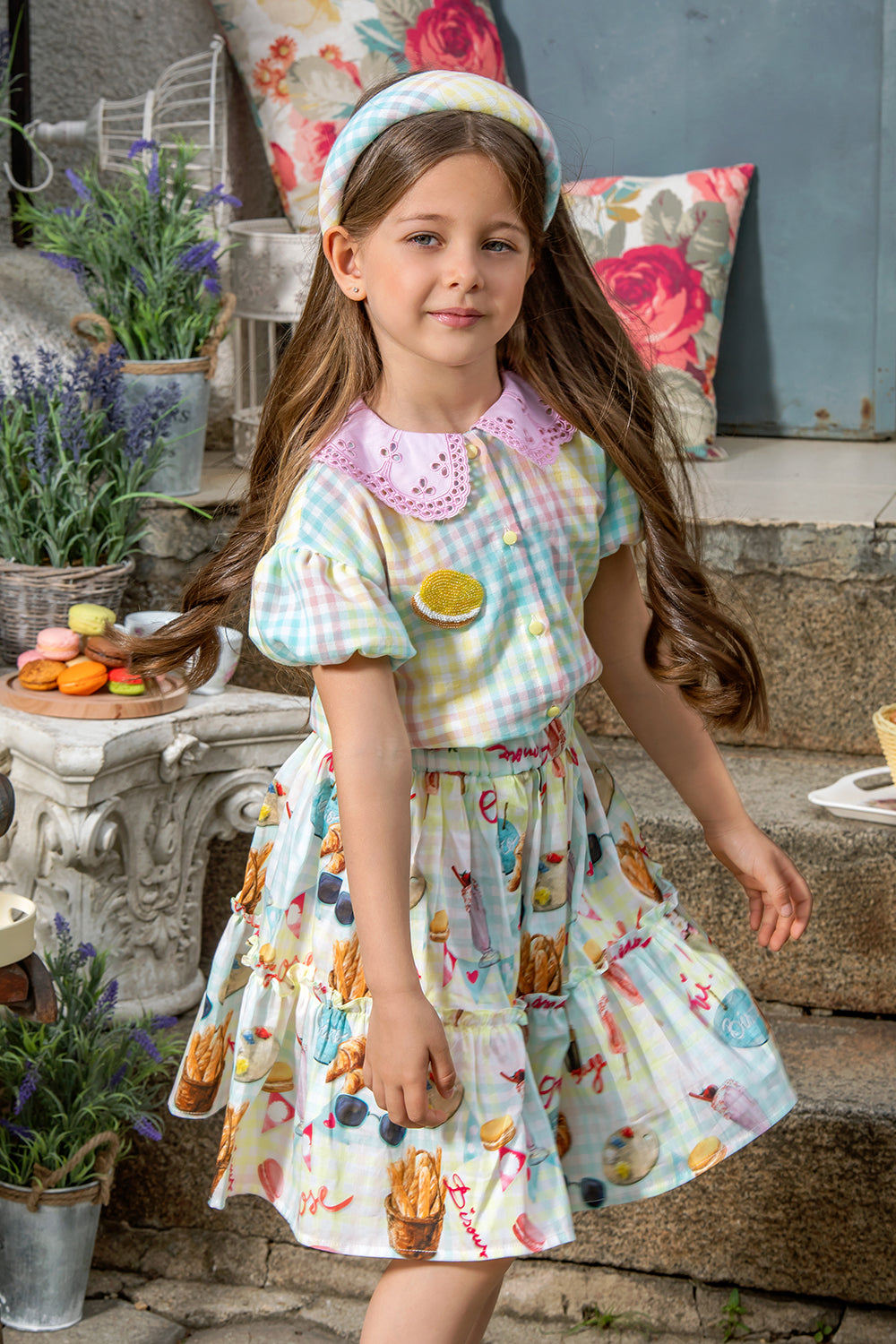 Mint, yellow, pink and white check cotton shirt with pink collar and hand-embellished macaroon