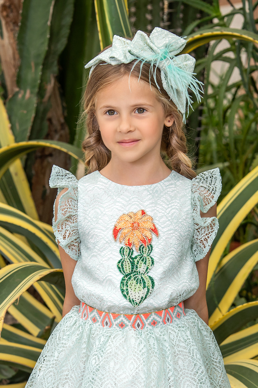 Mint lace top with hand-made cactus embroidery