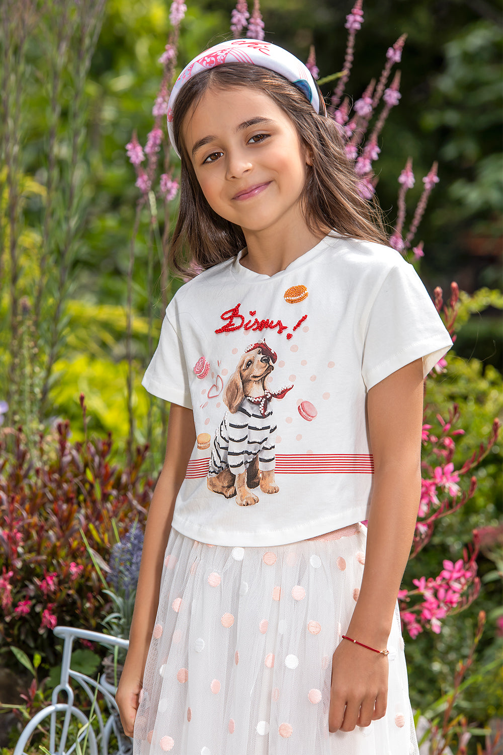 White hand-embellished t-shirt with doggy