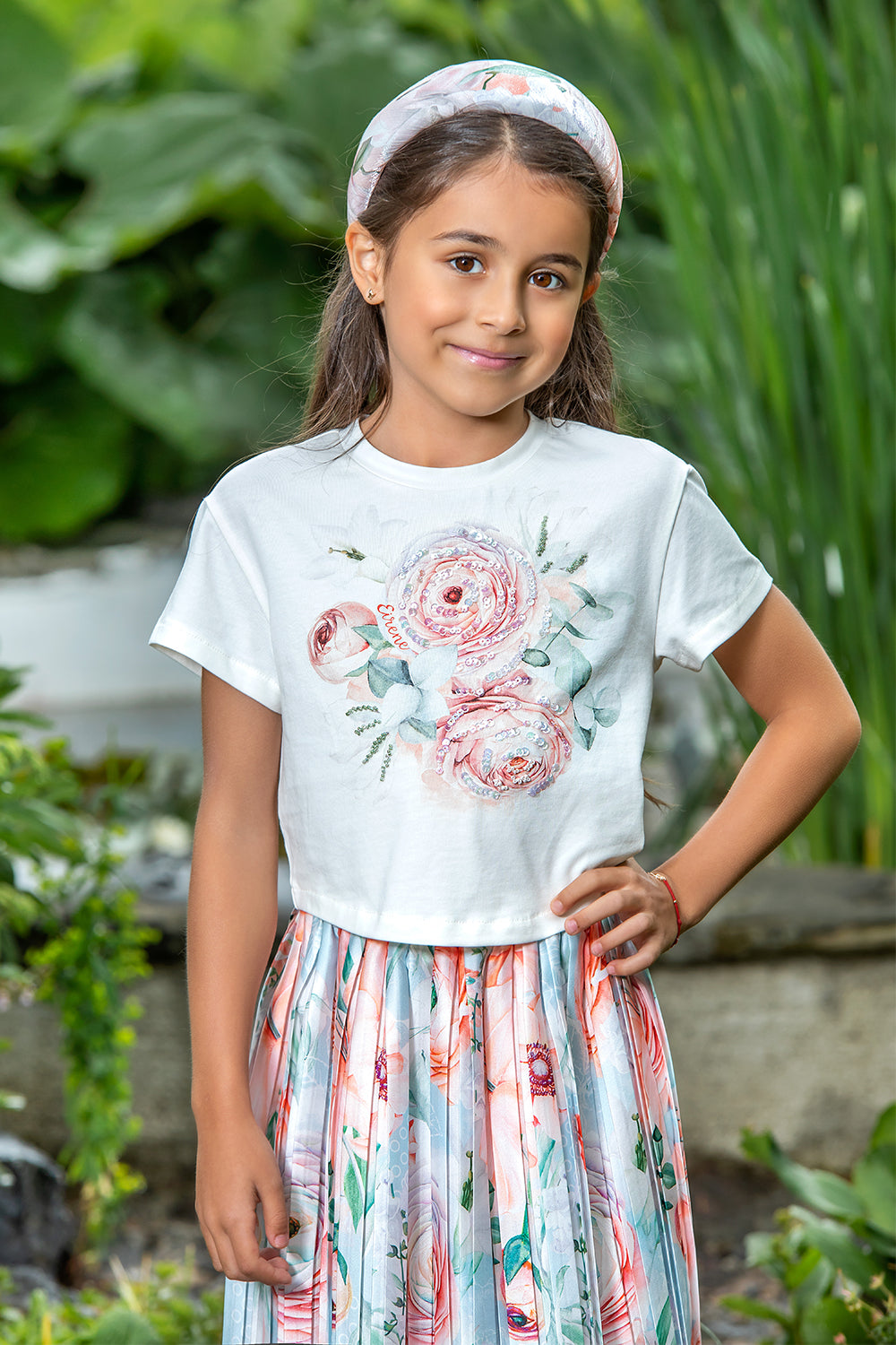 White ranunculus t-shirt with hand-made embroidery