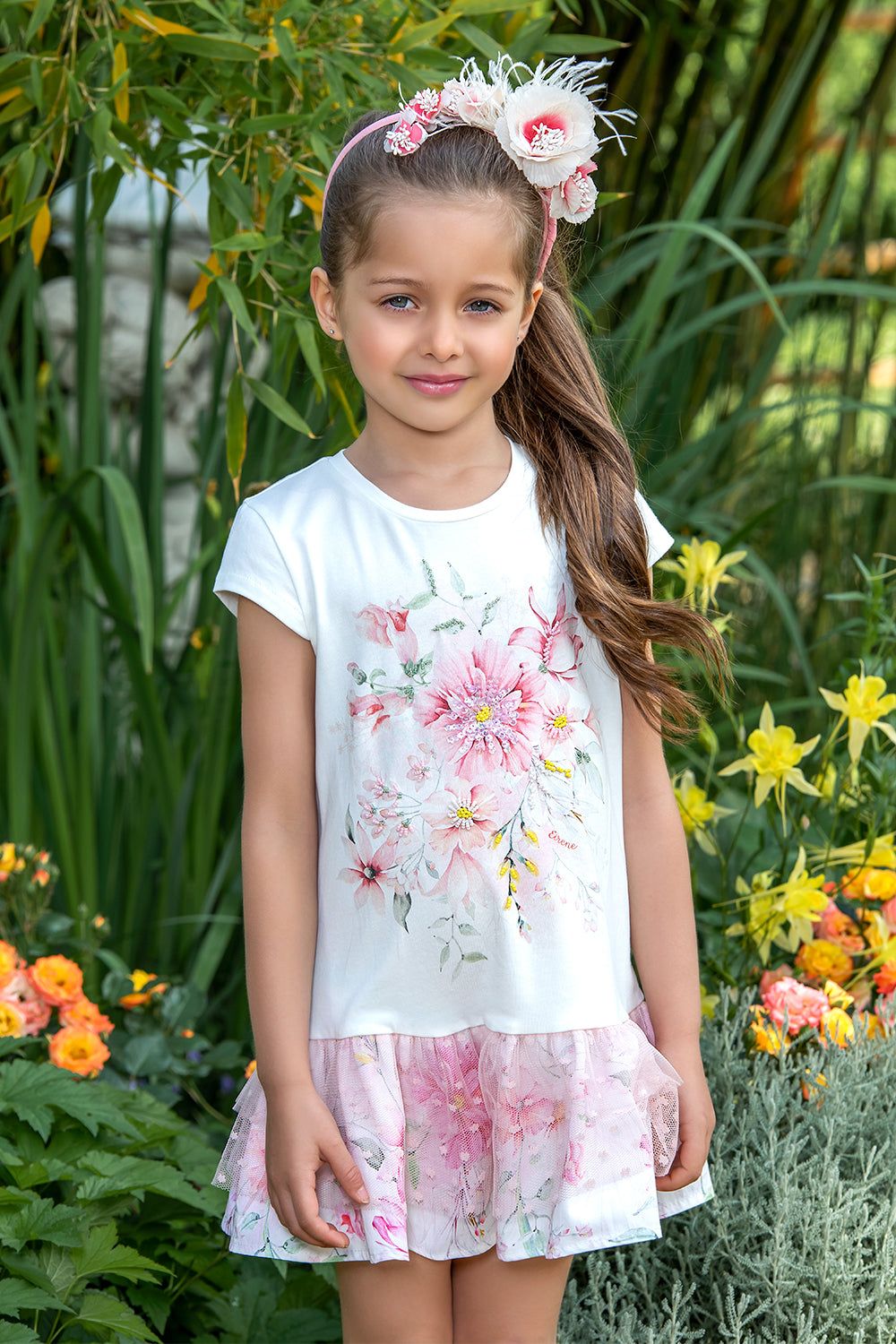 White jersey tunic dress with frills and hand-embellished print