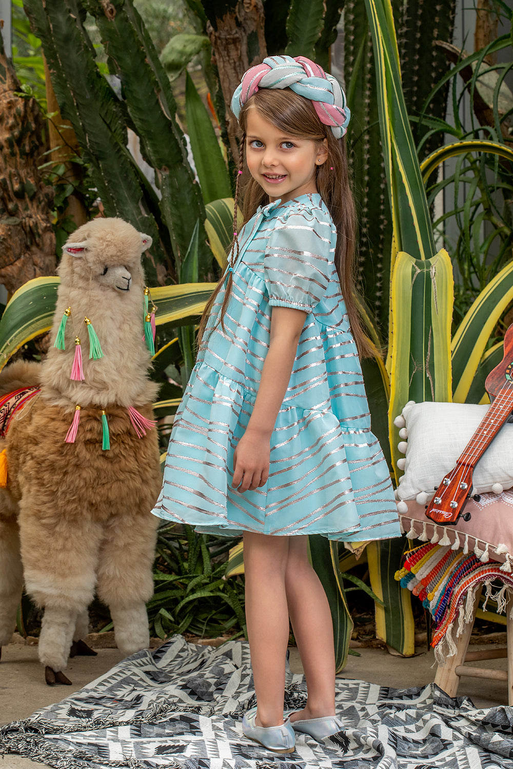 Light blue chiffon dress with silver stripes