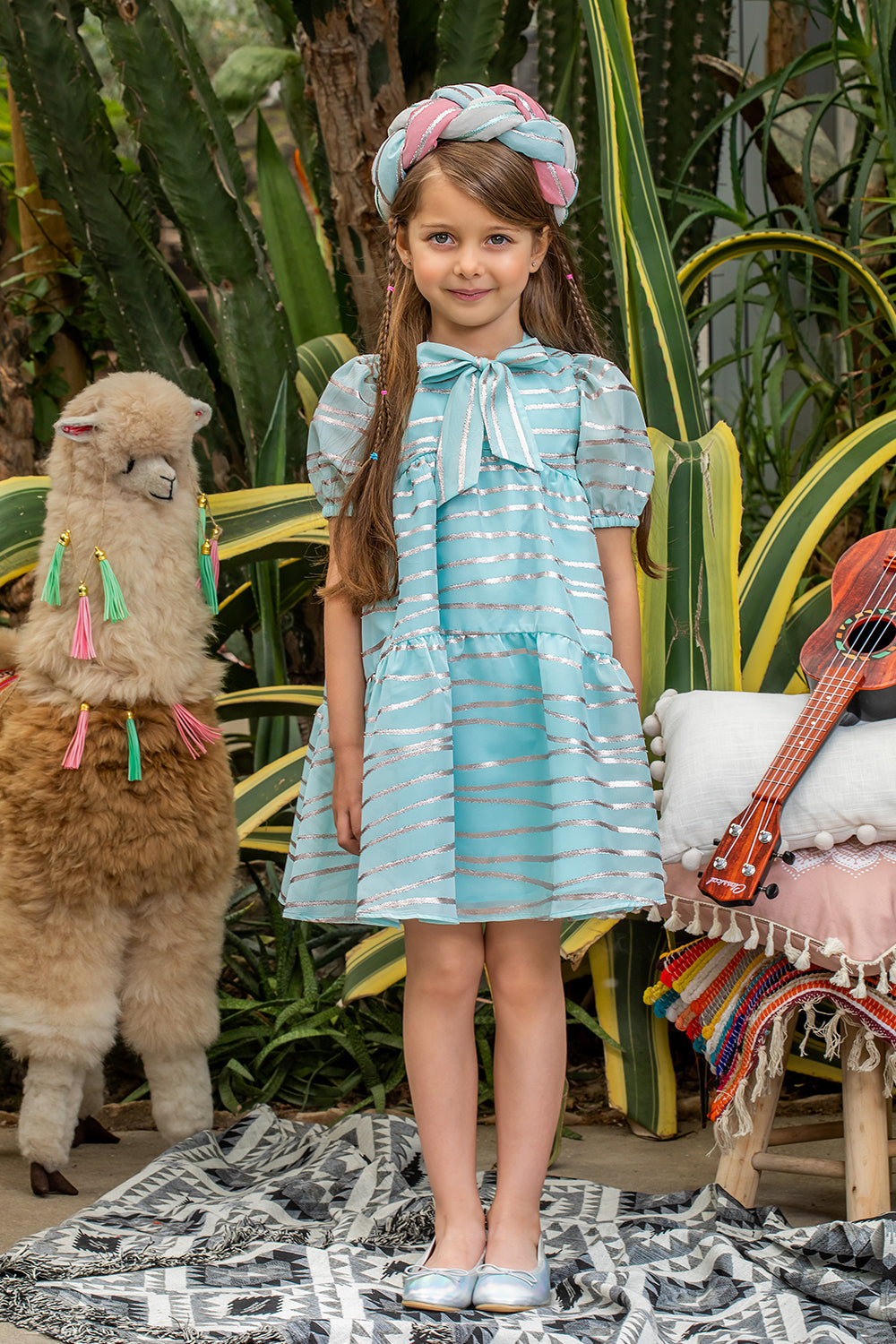 Light blue chiffon dress with silver stripes