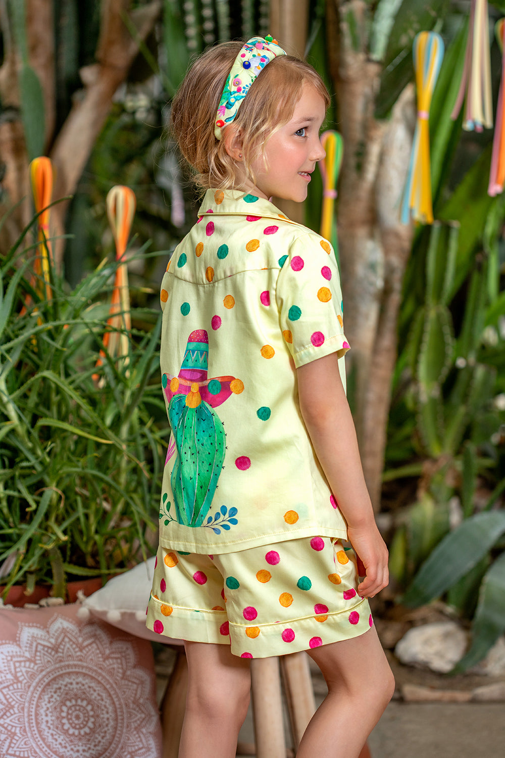 Yellow cotton shirt and shorts set with cactuses and pom poms print and hand-made embroidery