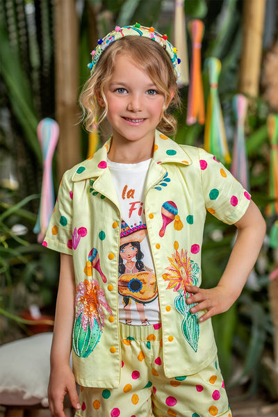 Yellow cotton shirt and shorts set with cactuses and pom poms print and hand-made embroidery