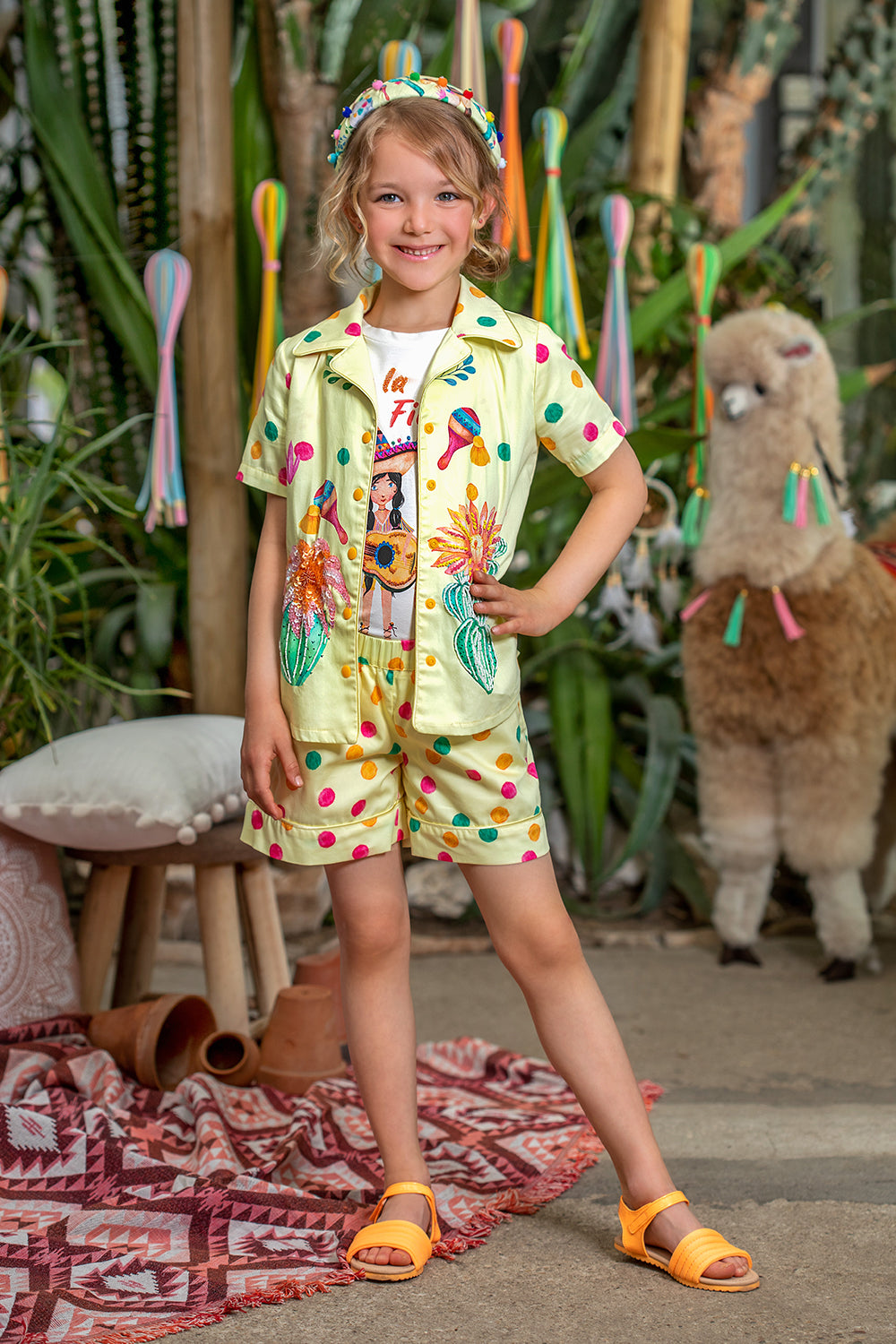 Yellow cotton shirt and shorts set with cactuses and pom poms print and hand-made embroidery