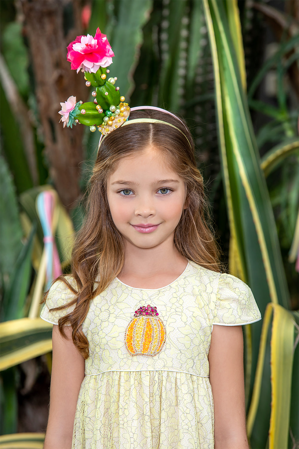Pale yellow lace dress with hand-made yellow cactus embroidery