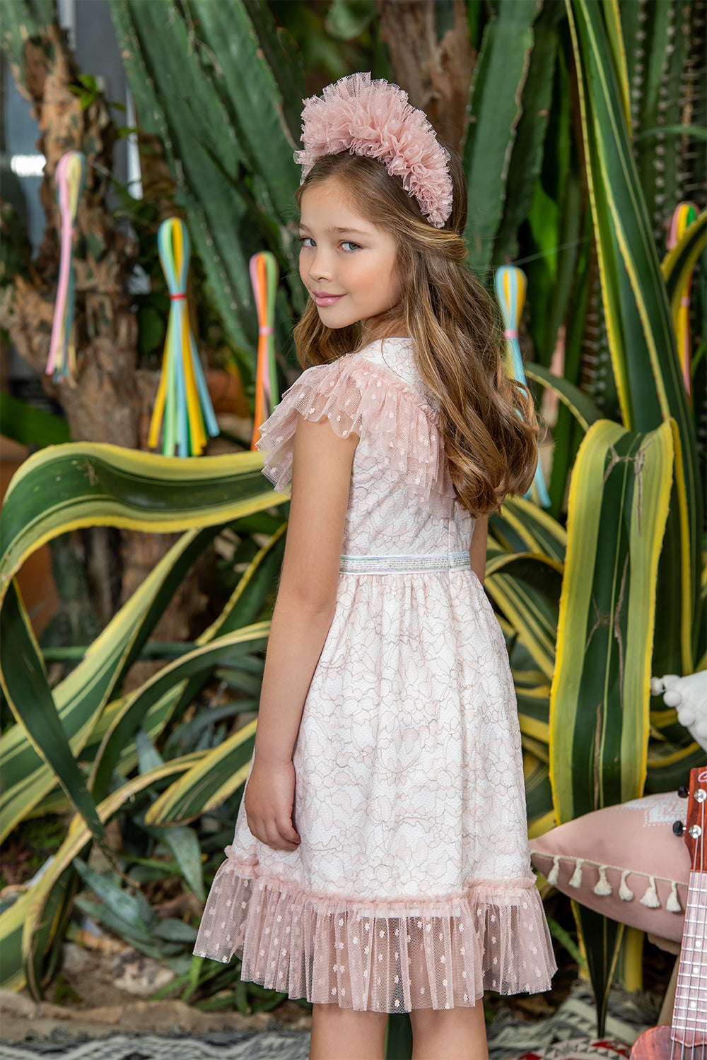 Pink and ivory lace dress with frills