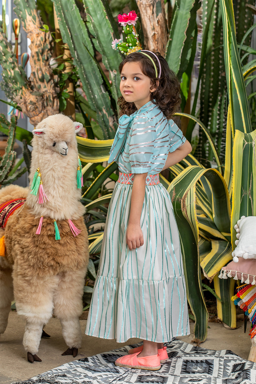 Light gray chiffon skirt with mint stripes