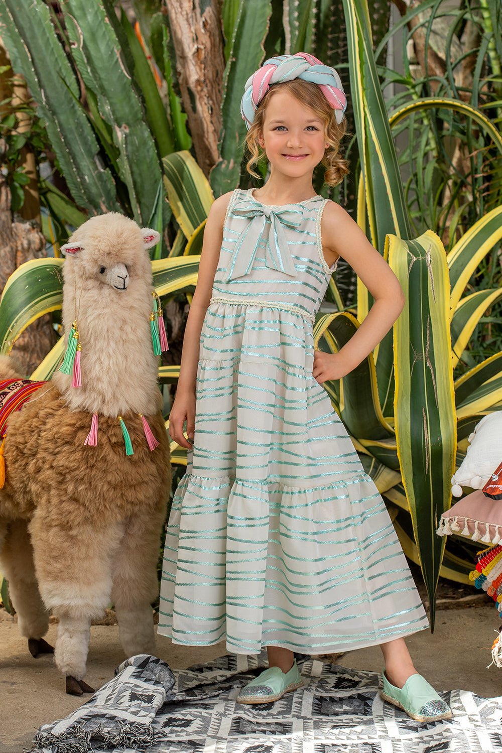 Light gray chiffon dress with mint stripes