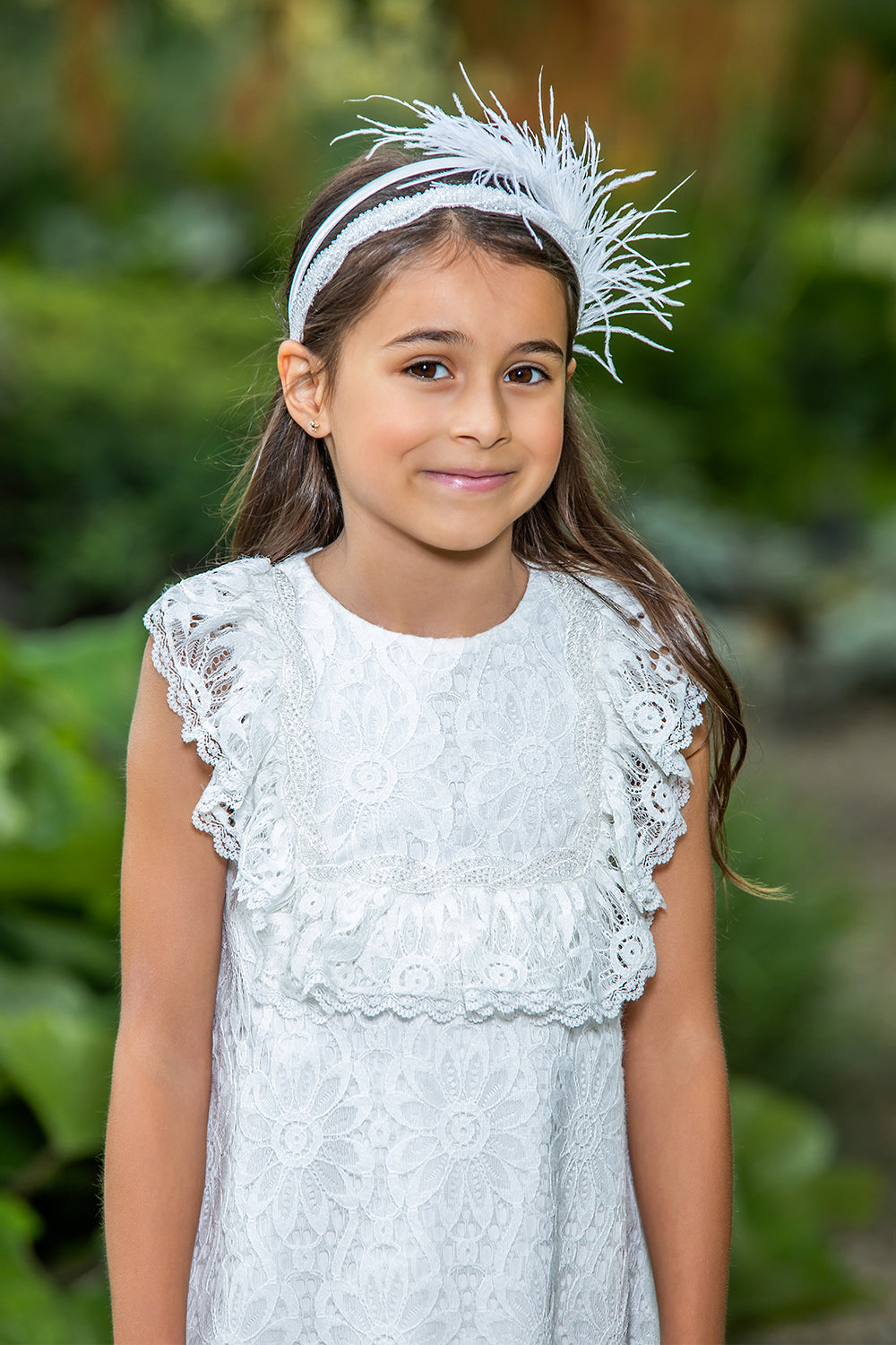 White floral lace dress with frills and hand-made embellishment