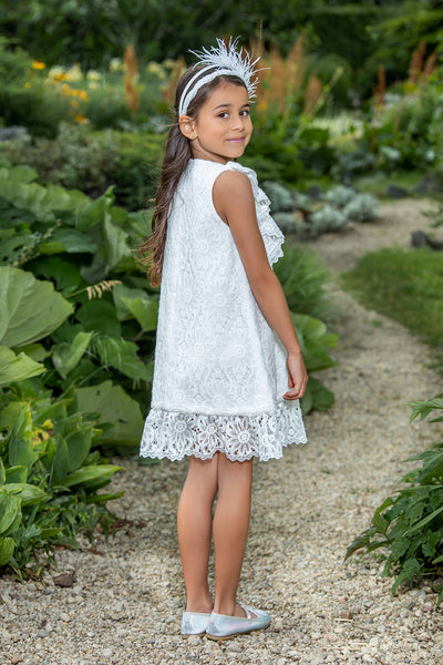 White floral lace dress with frills and hand-made embellishment