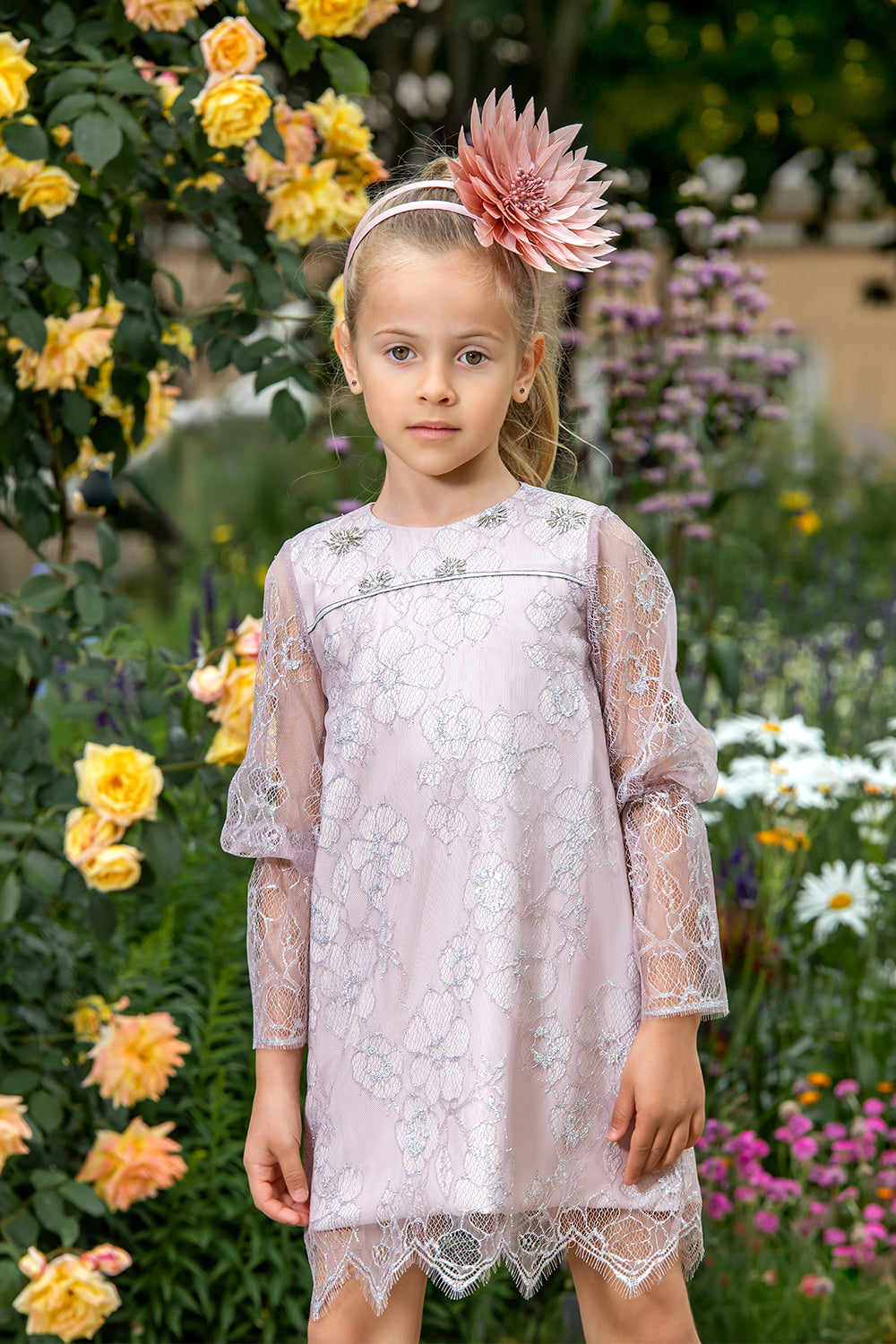 Powder pink and silver lace dress with long sleeves and hand-made silver embroidery details