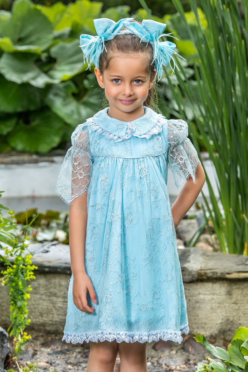 Baby blue and silver lace dress with collar