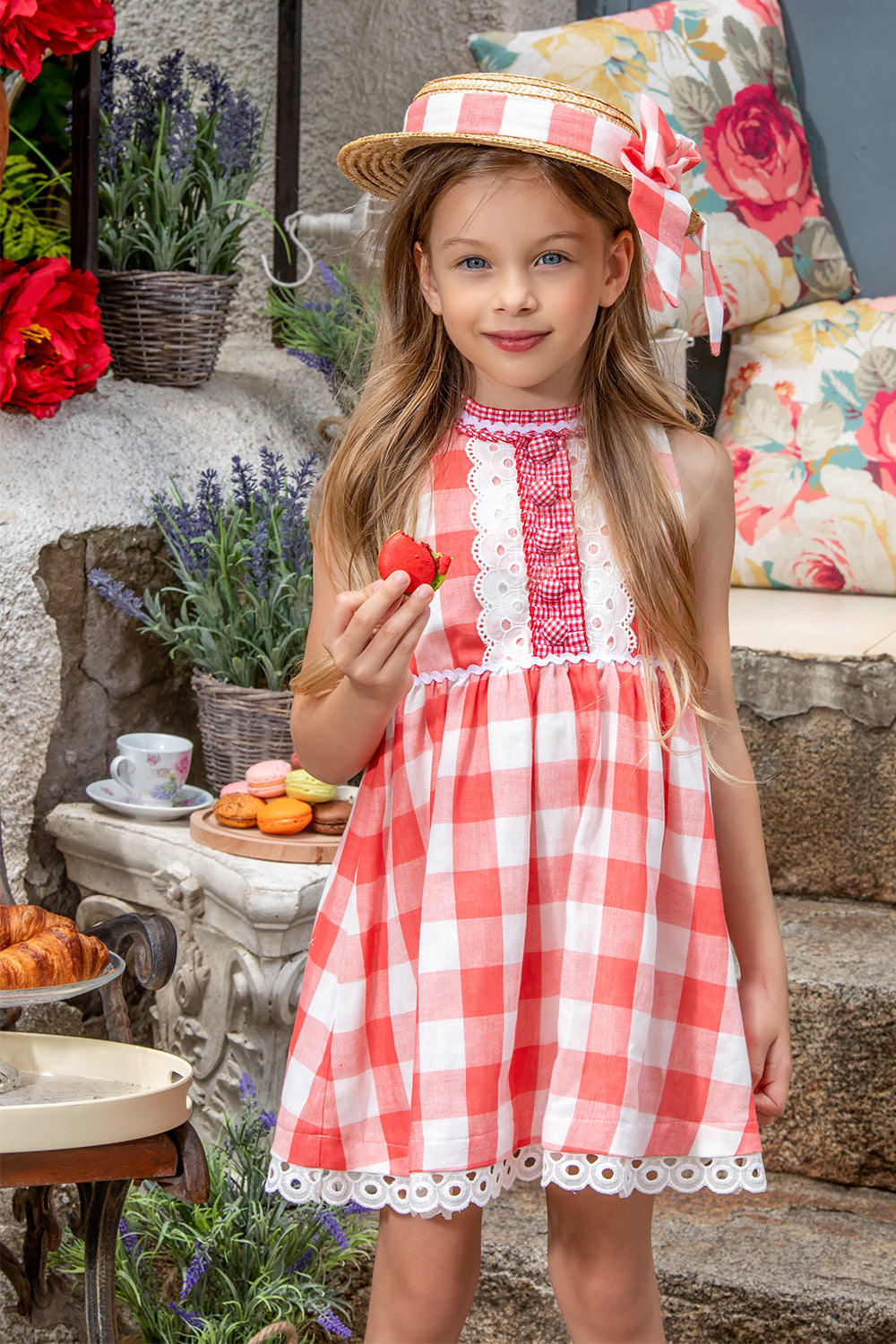 Red and white check cotton dress with white lace and matching buttons