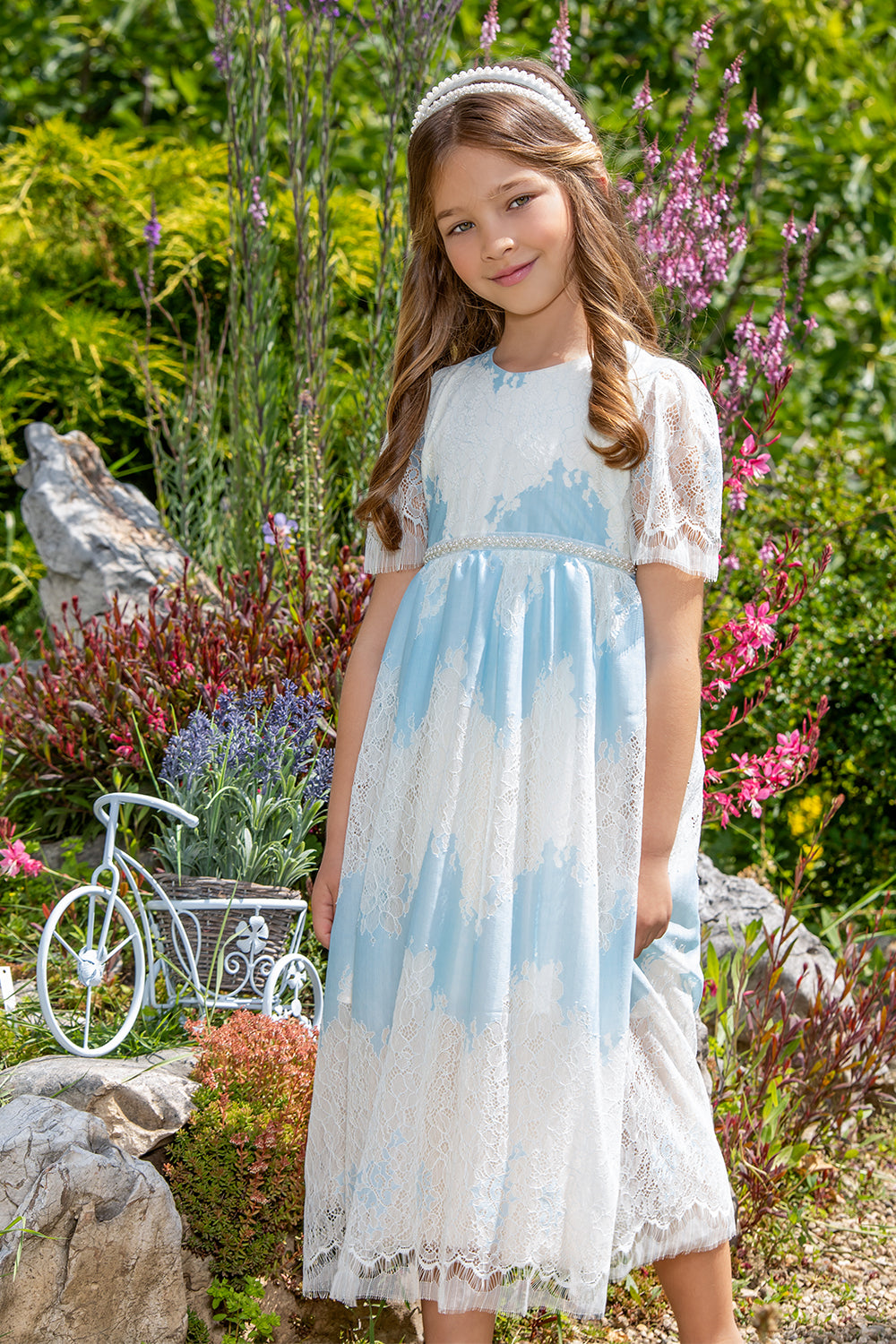 Blue and ivory long lace dress with pearls