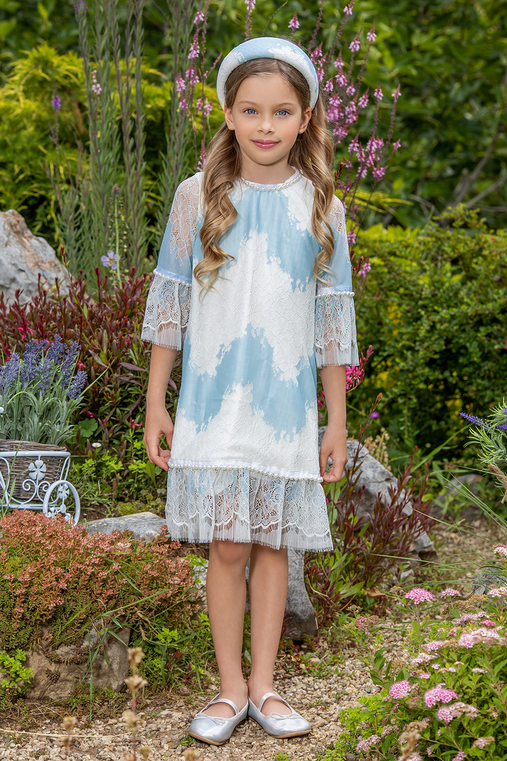 Blue and ivory A-line lace dress with pearls