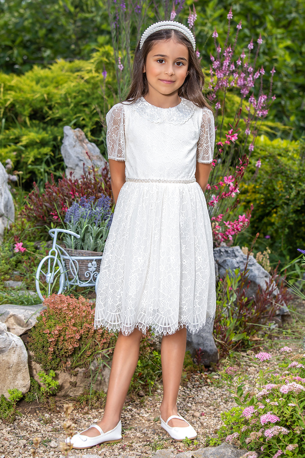 Ivory fine lace dress with pearls and organza collar
