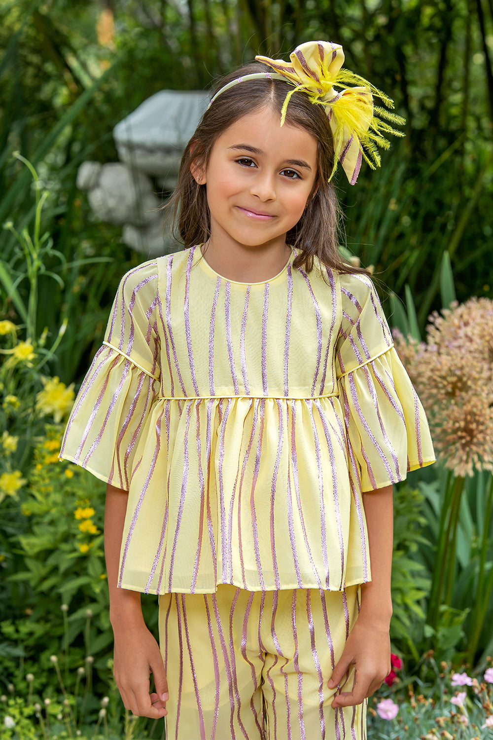 Yellow chiffon set with lilac stripes