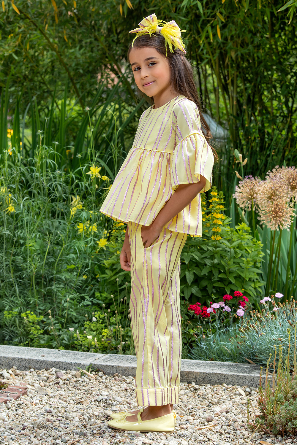 Yellow chiffon set with lilac stripes