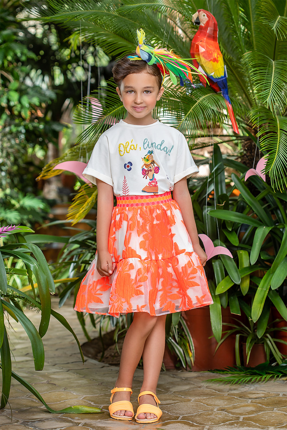 Orange neon floral organza skirt