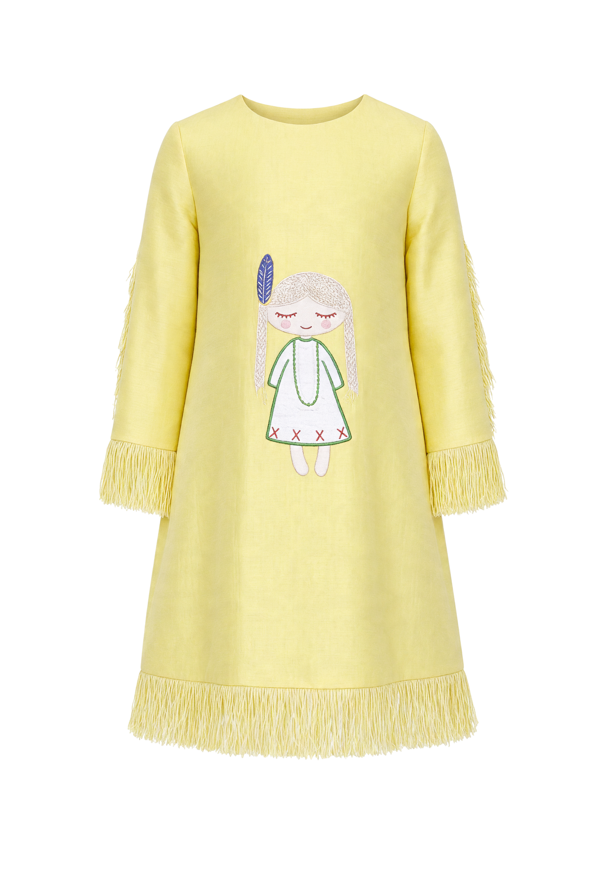 Yellow dress with an Indian girl and fringes - product view