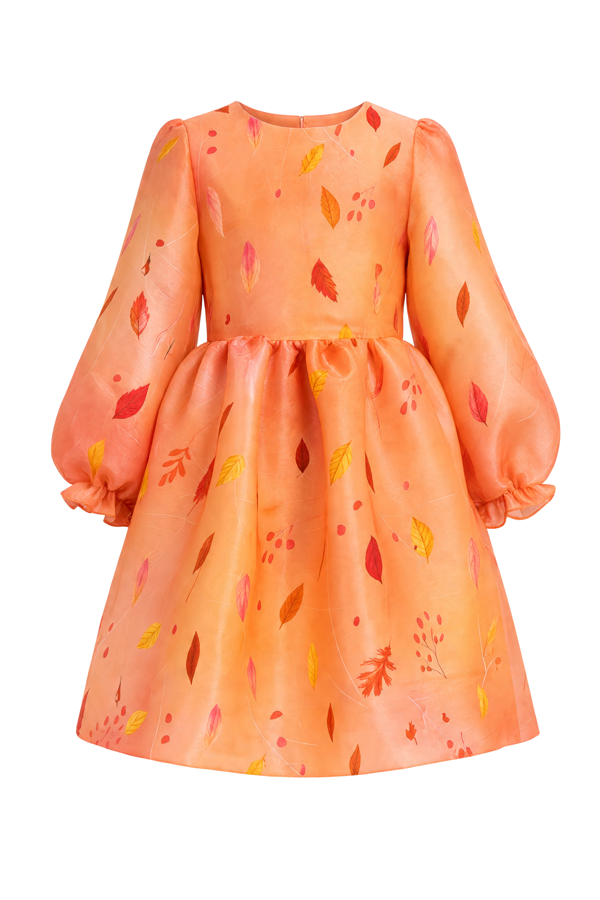 Shiny autumn leaves dress with voluminous sleeves - product view