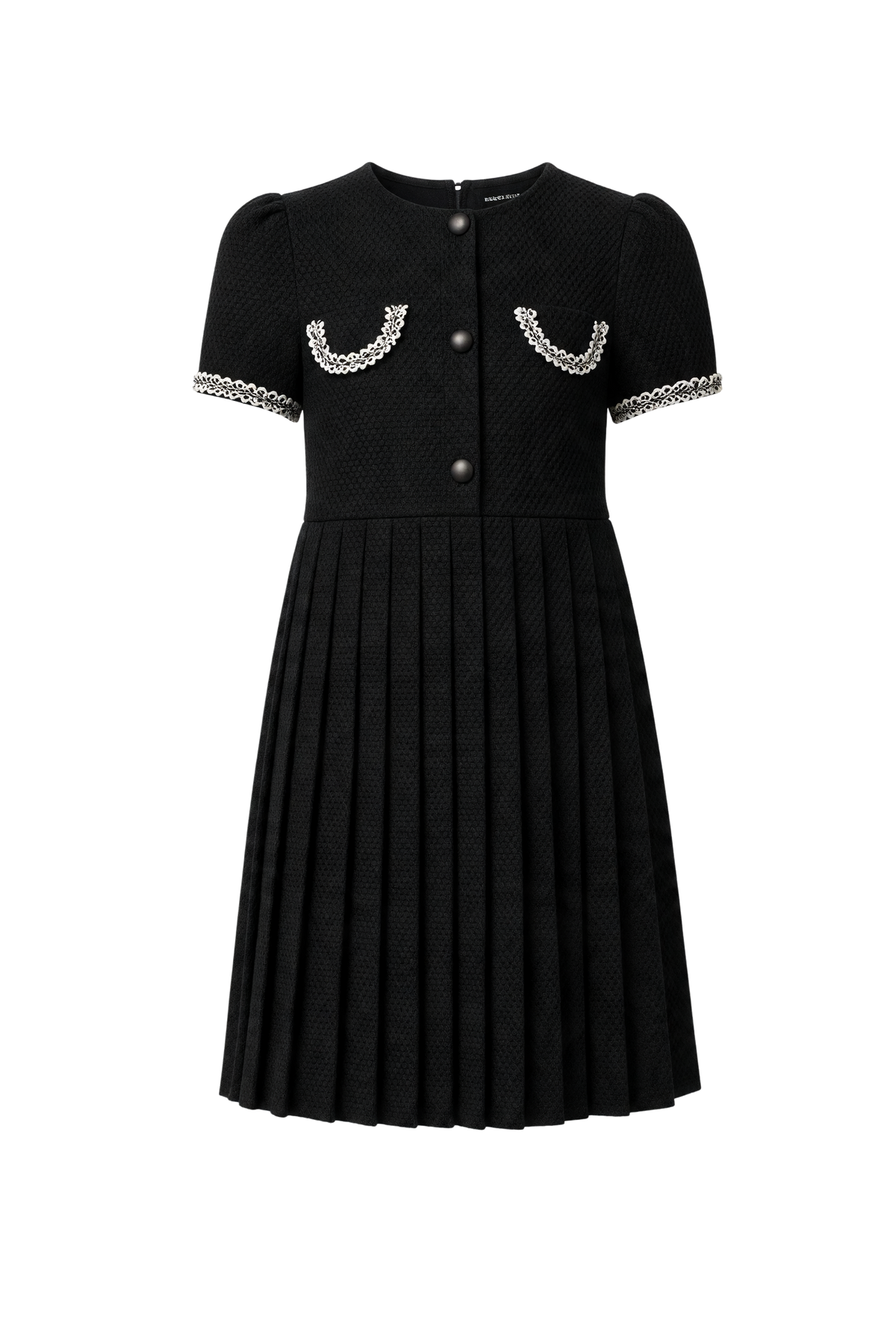 EIRENE - Luxury Fashion for Kids black tweed dress with short sleeves, pleated skirt, and white trimmed pockets.