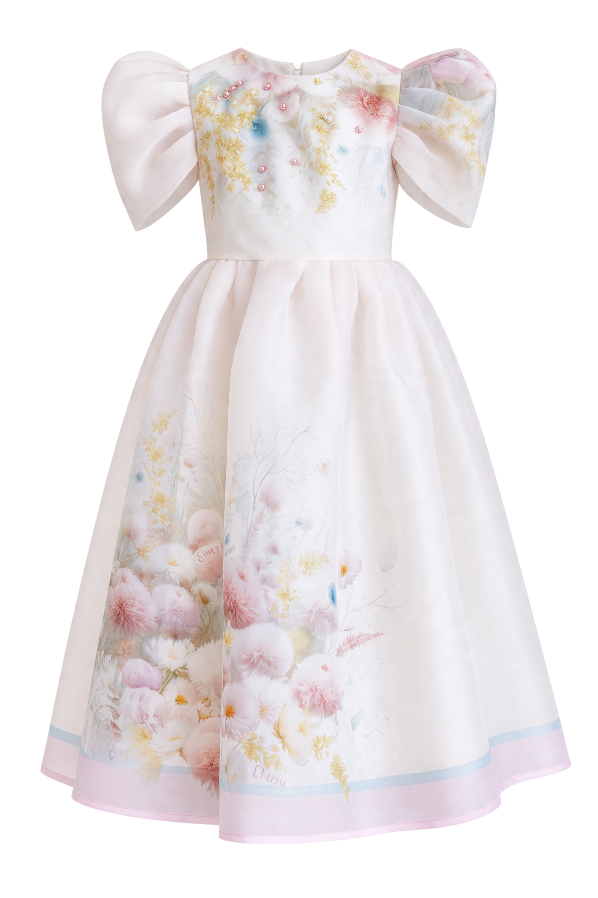 EIRENE - Luxury Fashion for Kids light peach organza dress with floral print, puff sleeves, and beaded embellishments.