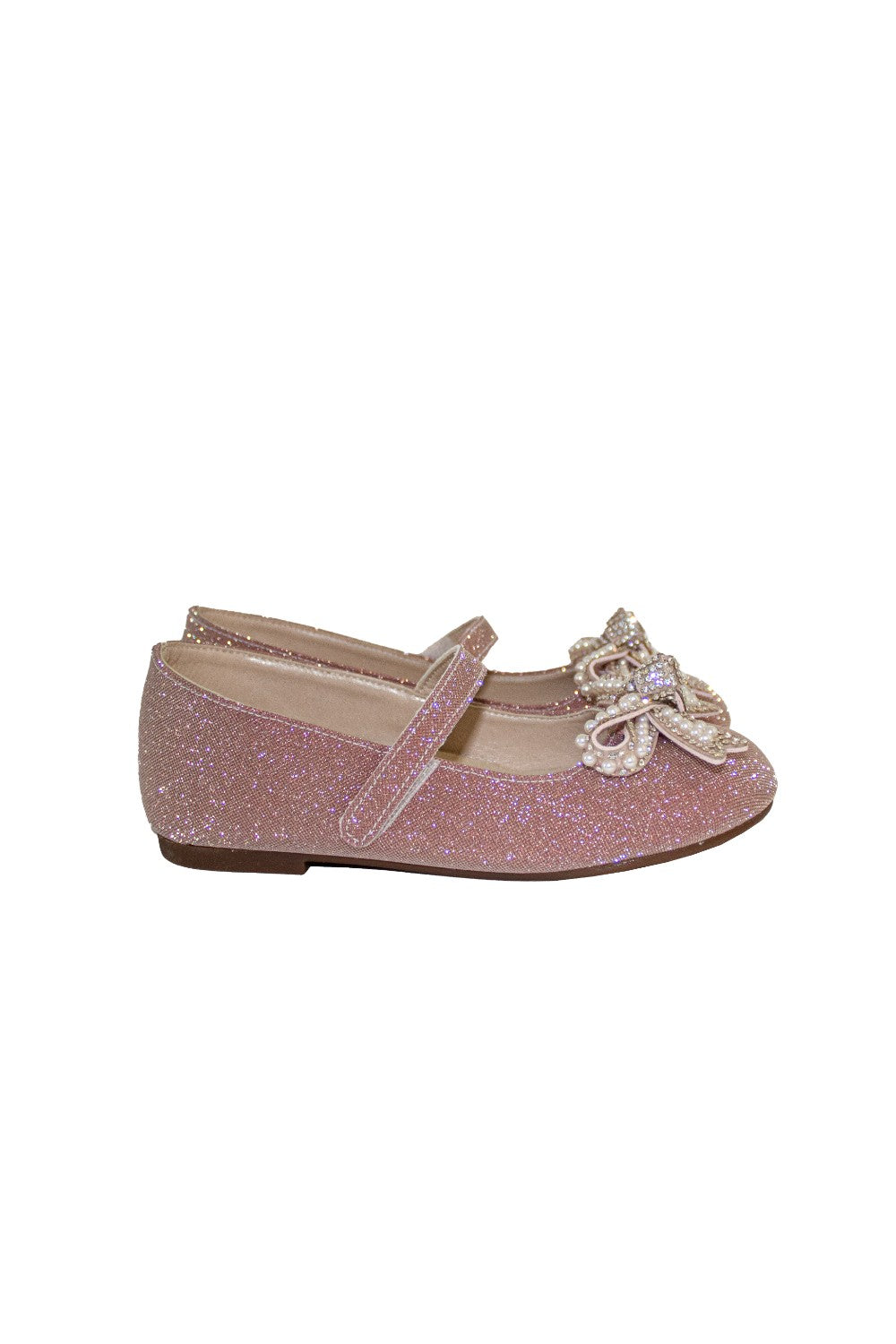 Pink glitter shoes with a decorative bow