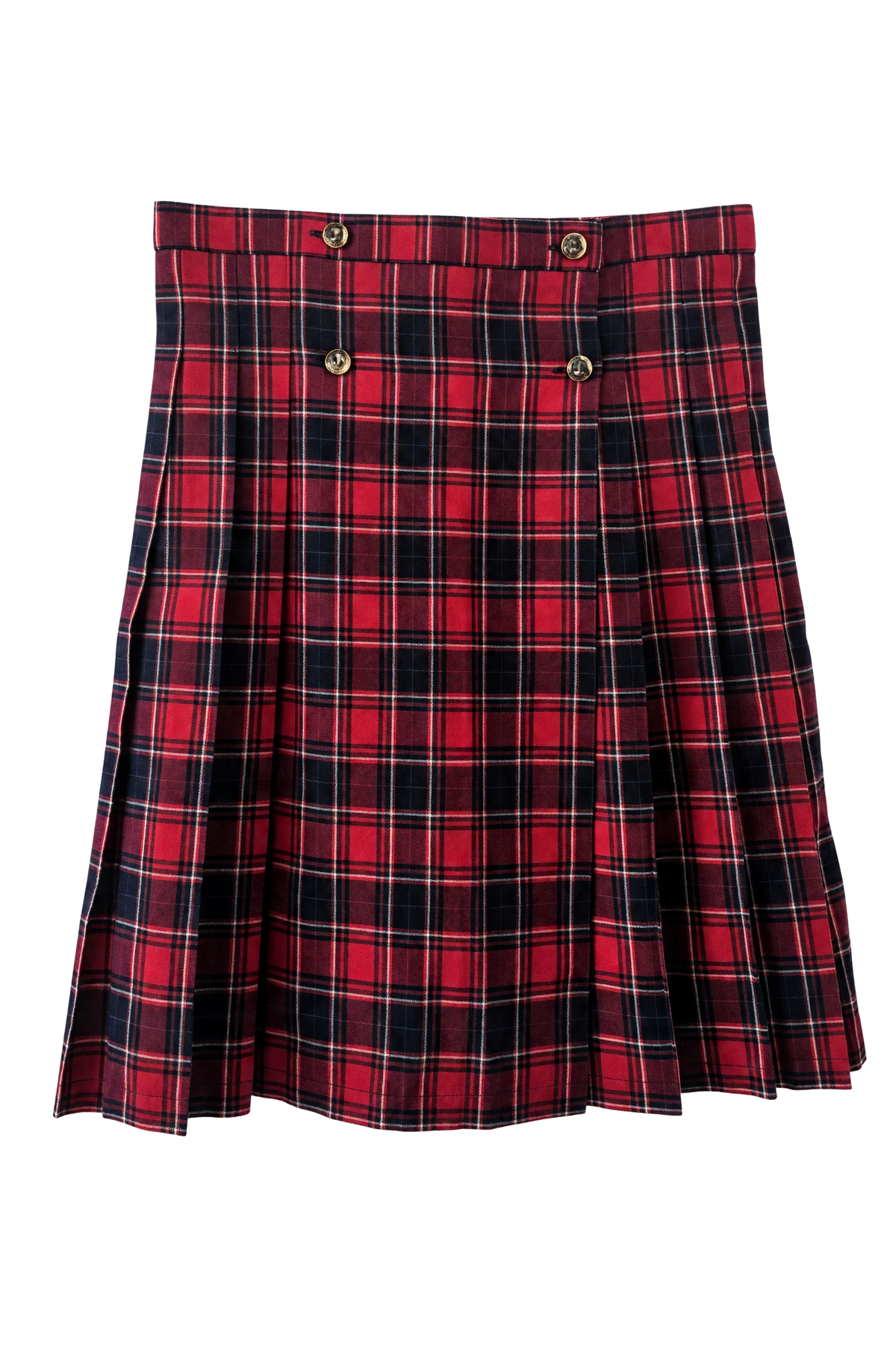 Red pleated cotton check skirt with gold coat of arms buttons - product view