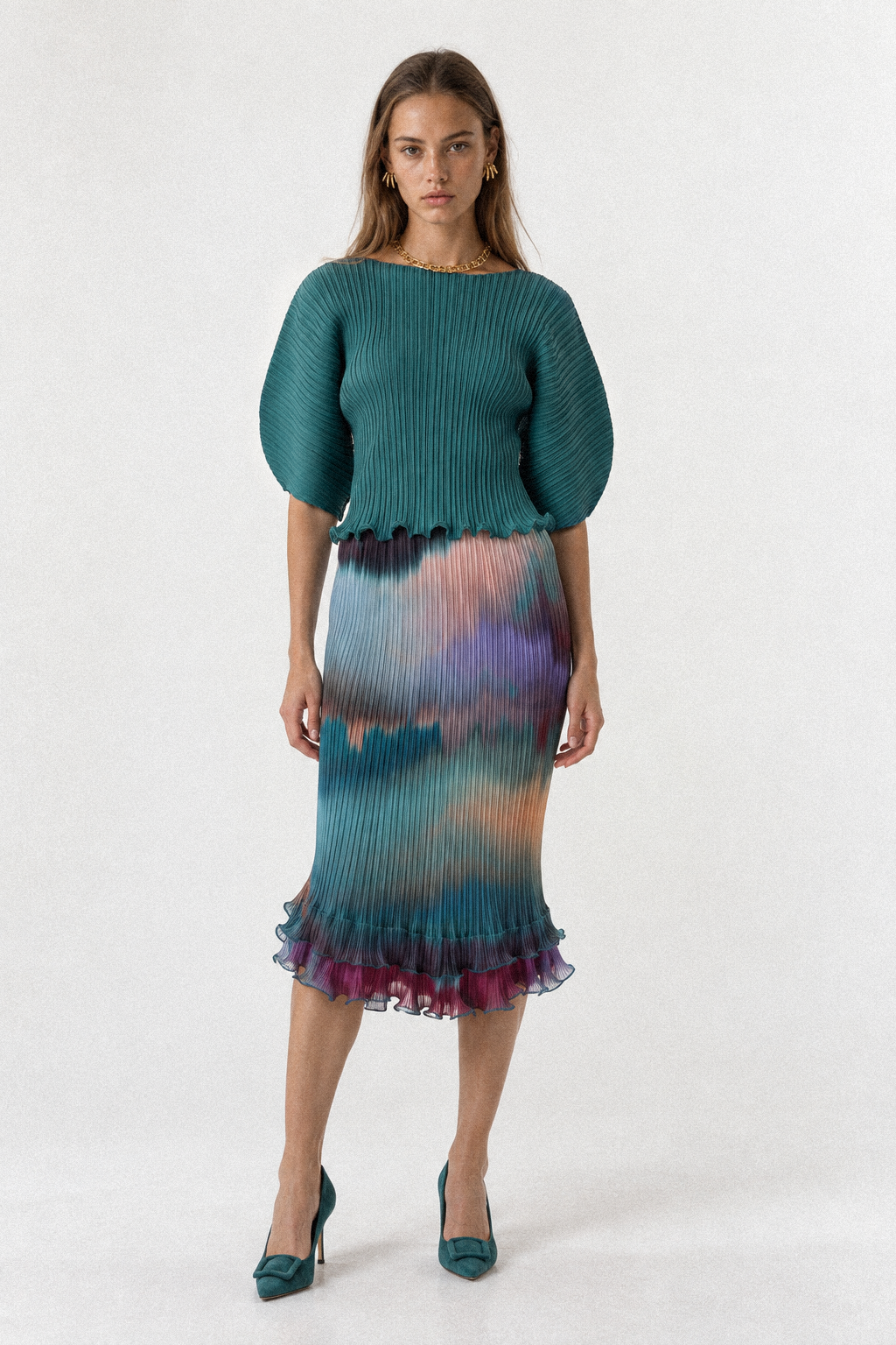 AURORA pleated midi skirt in an abstract petrol and violet print - studio