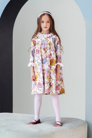 Abstract flowers and leaves cotton Liberty Tana Lawn high waist dress with white embroidered collar