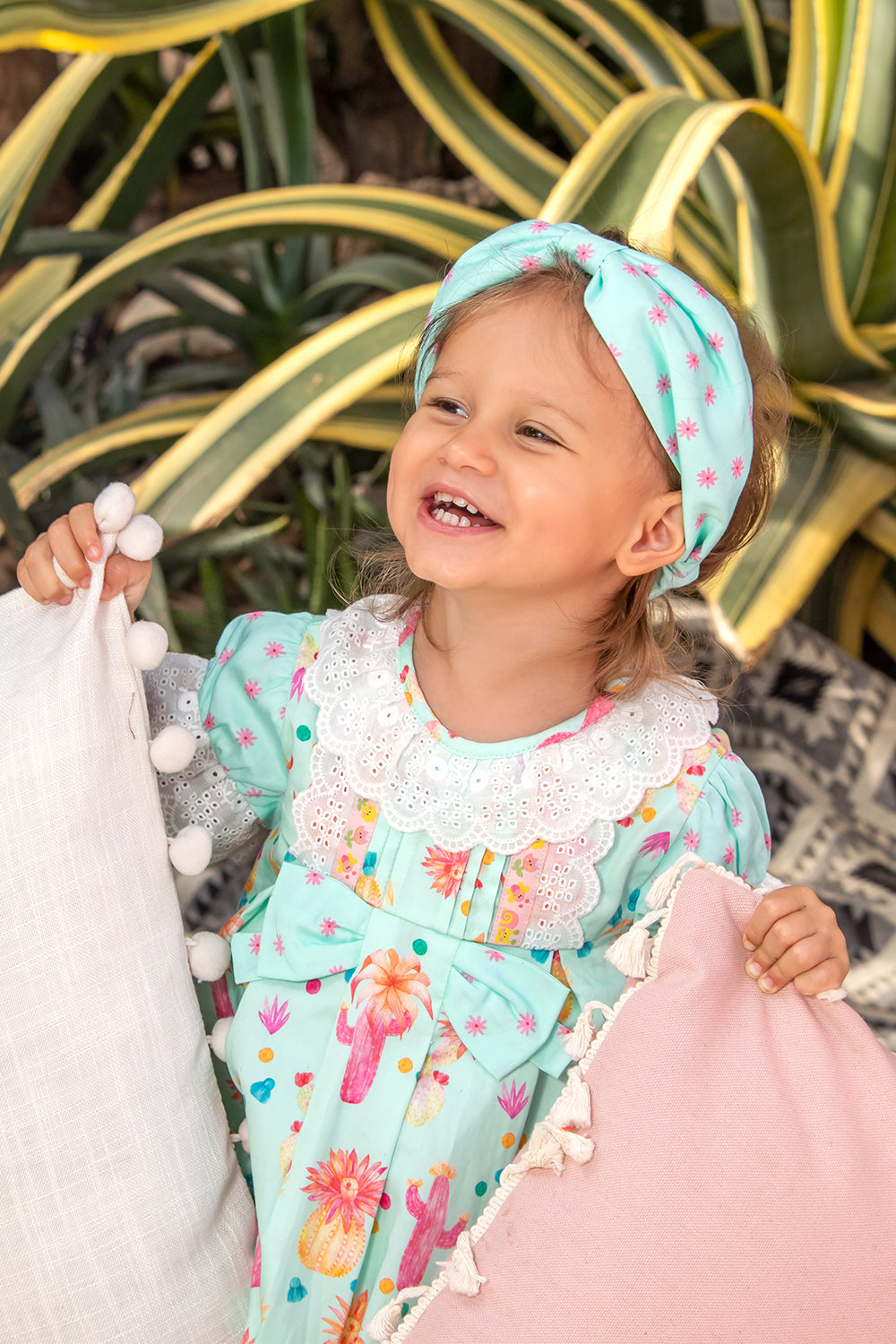 Baby mint yellow and pink cactuses dress with panties