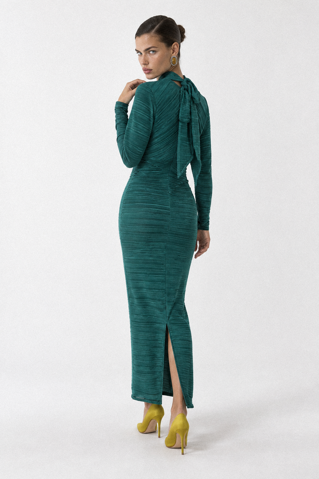 SELENE full-length pleated dress in deep petrol green - back view