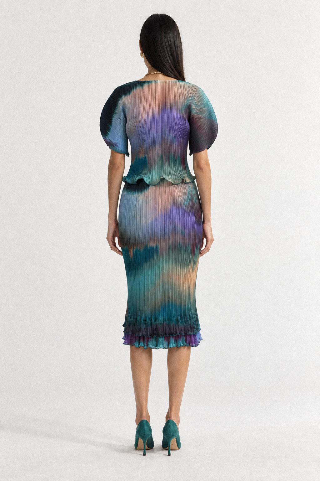 ARIA cropped pleated top in an abstract petrol and violet print - back view