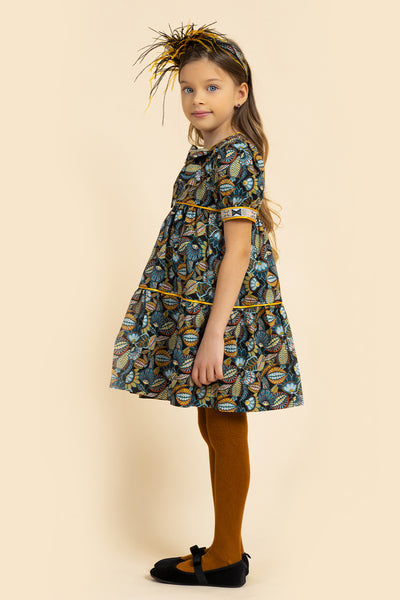 Black abstract leaves Liberty print cotton dress with matching ribbon and bow and puffed sleeves