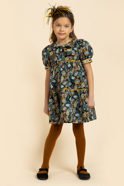 Black abstract leaves Liberty print cotton dress with matching ribbon and bow and puffed sleeves