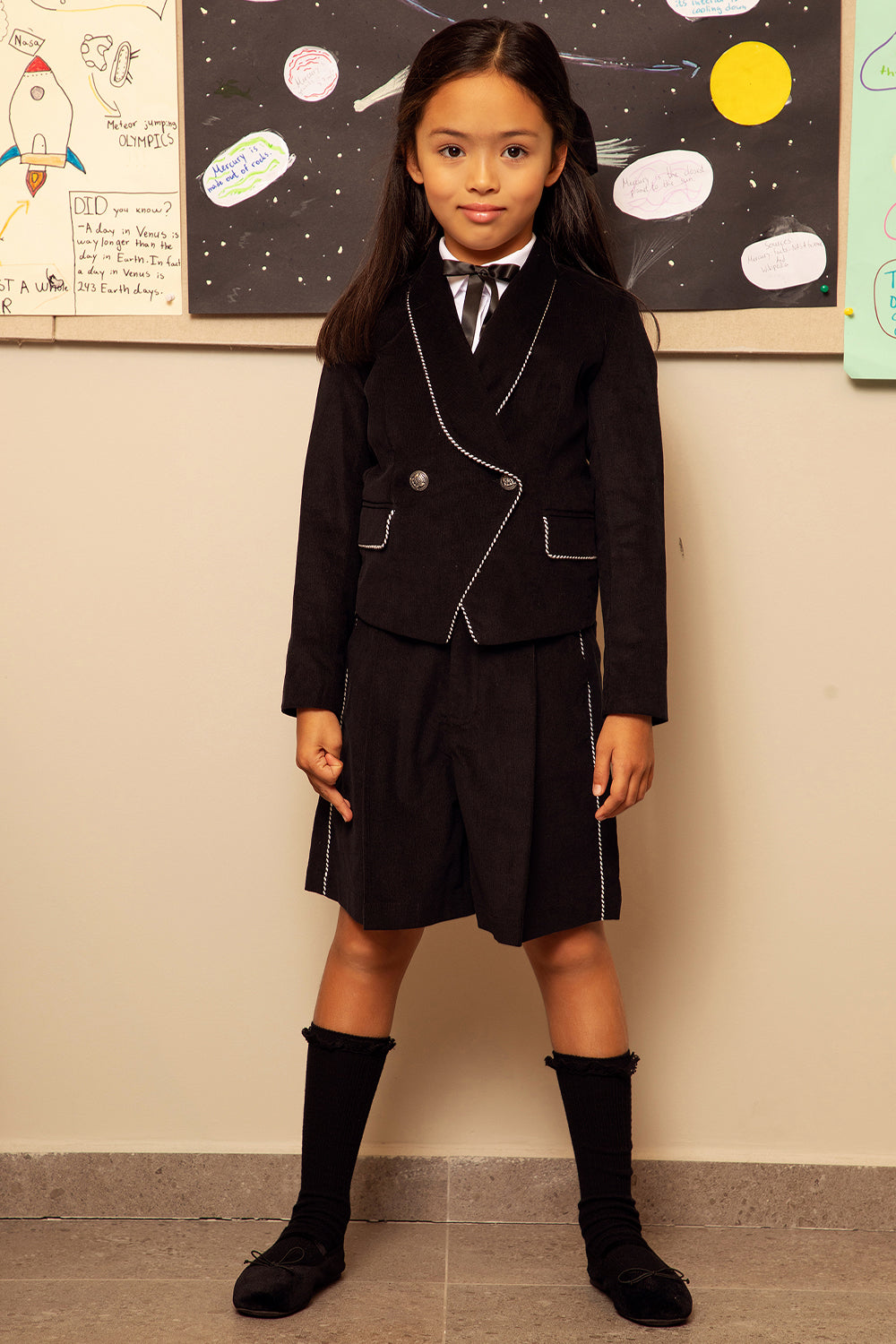 Black corduroy shorts with black/white piping