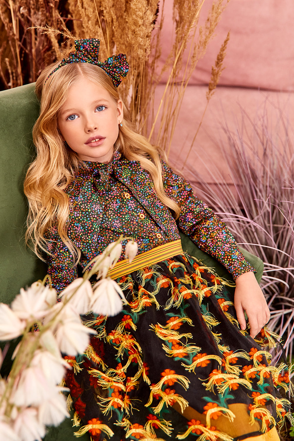 Black organza skirt with flowers and fringes