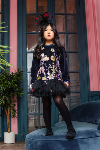 Black velvet cotton tunic dress with floral lace embroidery and tulle skirt