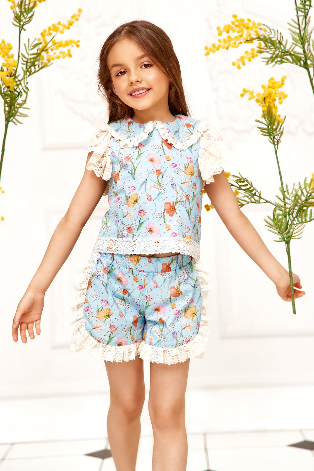 Blue botanical flowers Liberty print cotton set with cotton lace frills